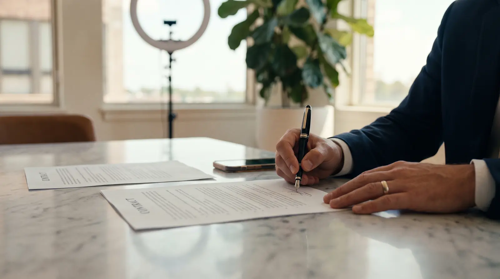 Manos firmando un contrato sobre una mesa de mármol, con un celular y un aro de luz al fondo