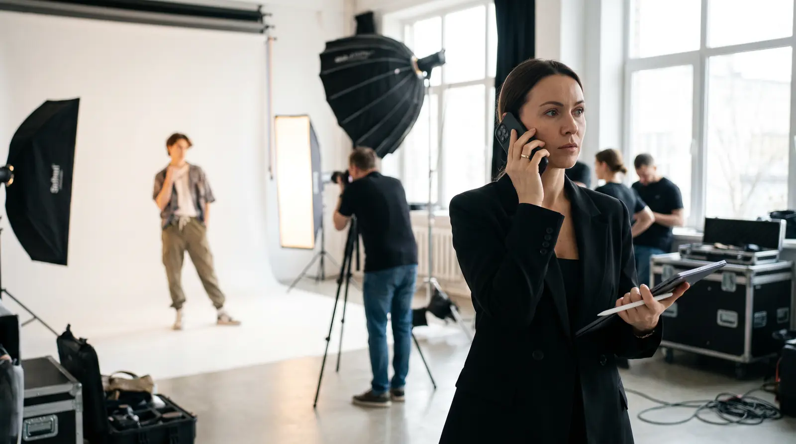 Talent manager hablando por teléfono en un estudio de fotografía mientras una creadora posa al fondo