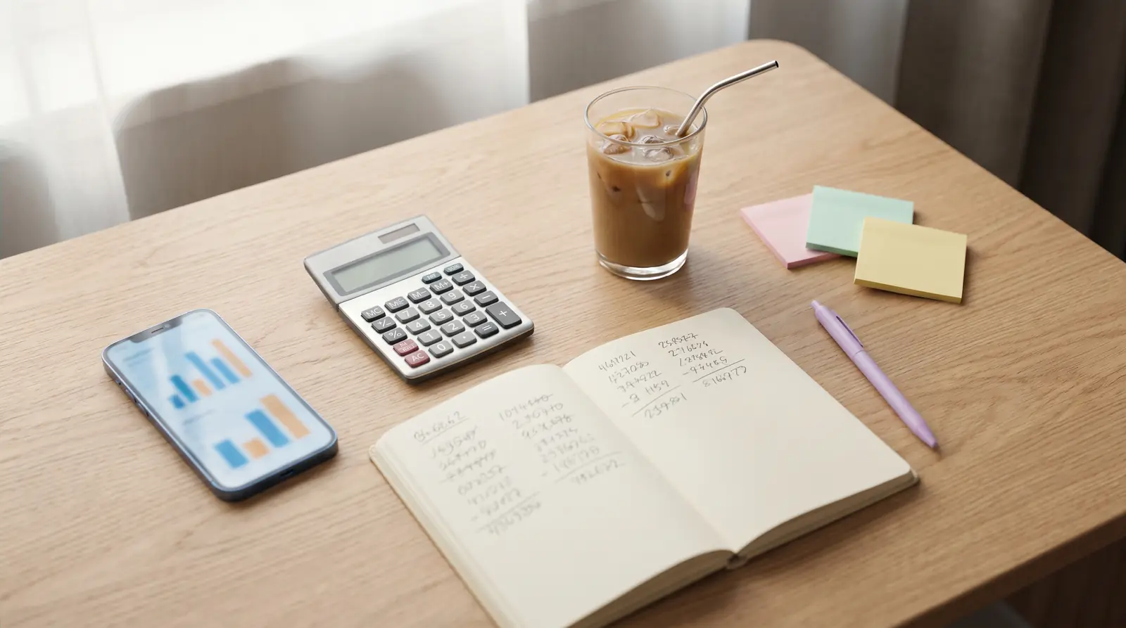 Escritorio con un celular mostrando gráficas, una calculadora, una libreta con números y un café frío